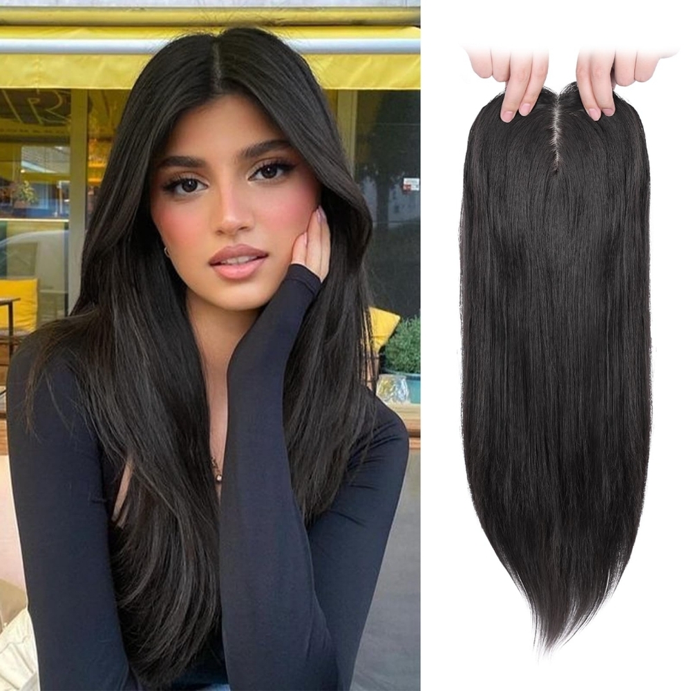18” Straight Black Hair Topper‎ • Natural Black Clip-In Top Piece